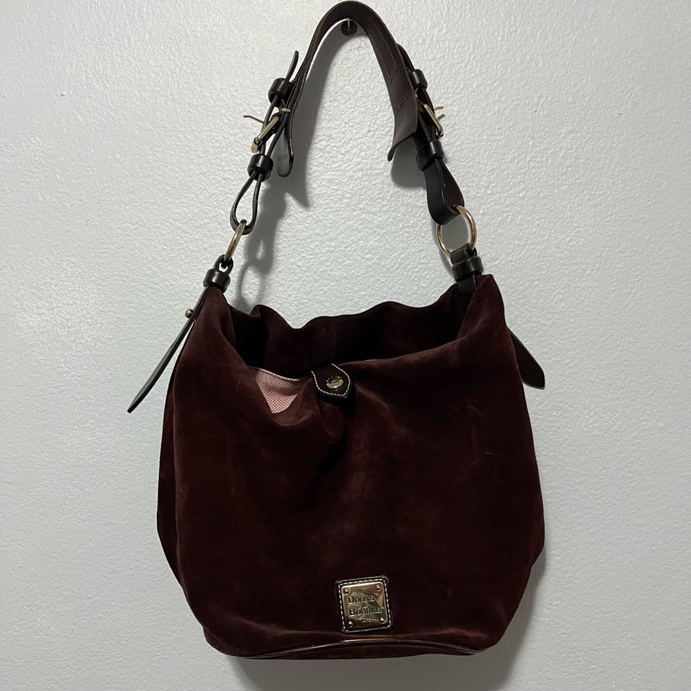 Dooney Bourke wine color bucket suede bag is about 11.5 tall and 13” across